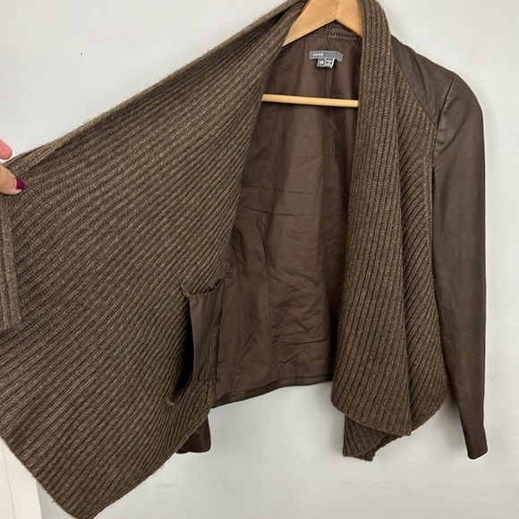 Vince Brown Leather Yak Wool Knit Draped Waterfall Open Front Jacket Sz XS - Picture 8 of 14